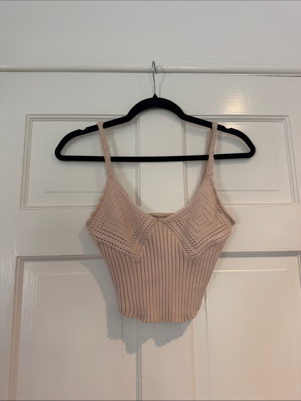 Free People Blush Beige Crochet Ribbed Crop Tank